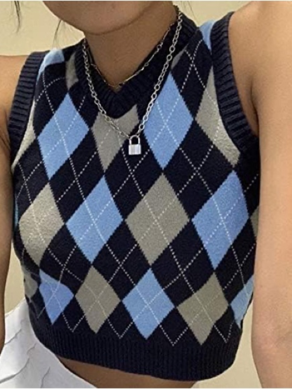 V-Neck Academia Argyle Sweater Vest in Navy, Grey, Light Blue Size Small